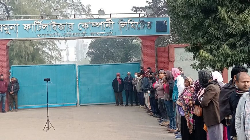 বকেয়া বেতনের দাবিতে যমুনা সার কারখানায় আউটসোর্সিং শ্রমিকদের কর্মবিরতি